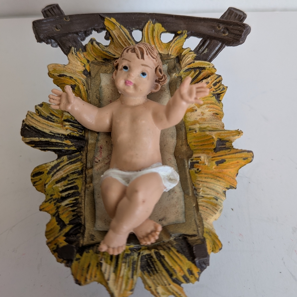 VTG Fontanini? Depose Resin Baby Jesus Figurine & Crib Nativity Stamped Italy